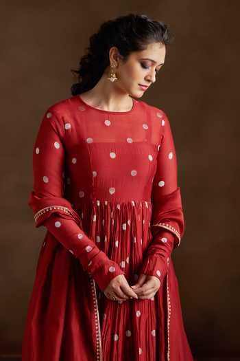 Shop_Almaari By Pooja Patel_Red Chanderi, Silk Round Neck Omika Polka Dot Pattern Anarkali Set _Online_at_Aza_Fashions