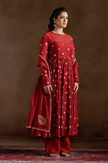 Almaari By Pooja Patel_Red Chanderi, Silk Round Neck Omika Polka Dot Pattern Anarkali Set _at_Aza_Fashions