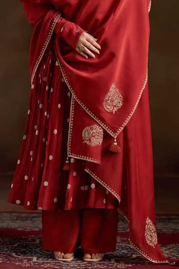 Buy_Almaari By Pooja Patel_Red Chanderi, Silk Round Neck Omika Polka Dot Pattern Anarkali Set 