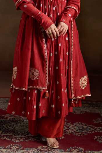 Shop_Almaari By Pooja Patel_Red Chanderi, Silk Round Neck Omika Polka Dot Pattern Anarkali Set 