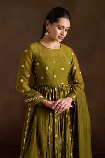 Shop_Almaari By Pooja Patel_Olive Green Chanderi, Silk Round Neck Omika Pure Anarkali Set _Online_at_Aza_Fashions