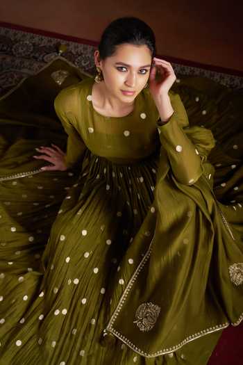 Almaari By Pooja Patel_Olive Green Chanderi, Silk Round Neck Omika Pure Anarkali Set _at_Aza_Fashions