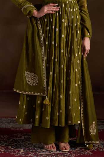 Shop_Almaari By Pooja Patel_Olive Green Chanderi, Silk Round Neck Omika Pure Anarkali Set 