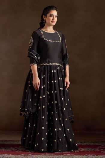 Shop Almaari By Pooja Patel Black Chanderi Square Neck, Yes Oorvi Polka Dot Woven Sharara Set Online at Aza Fashions Shop_Almaari By Pooja Patel_Black Chanderi Square Neck, Yes Oorvi Polka Dot Woven Sharara Set _Online_at_Aza_Fashions