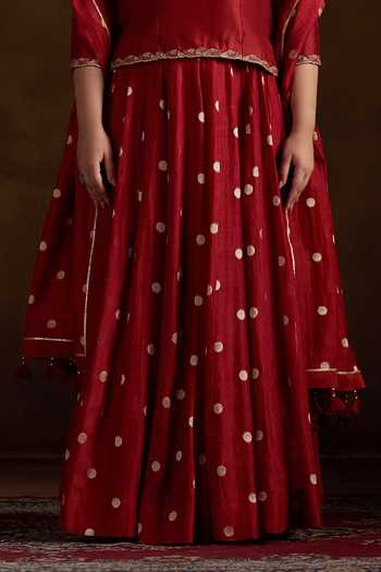 Almaari By Pooja Patel_Red Chanderi Round Neck, Yes Oorvi Embroidered Kurta Sharara Set _Online_at_Aza_Fashions