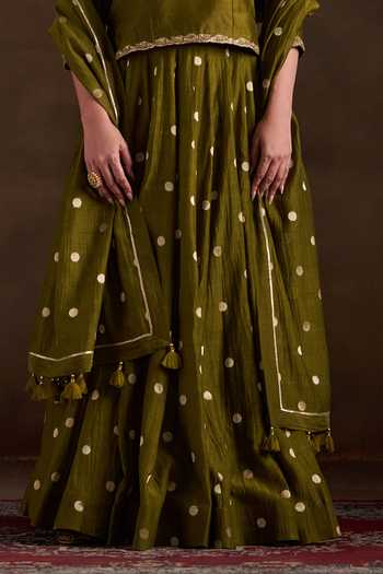 Buy_Almaari By Pooja Patel_Olive Green Chanderi Round Neck Oorvi Embroidered Kurta Sharara Set _Online_at_Aza_Fashions