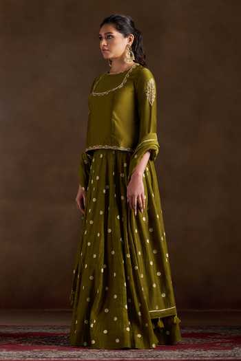 Shop_Almaari By Pooja Patel_Olive Green Chanderi Round Neck Oorvi Embroidered Kurta Sharara Set _Online_at_Aza_Fashions