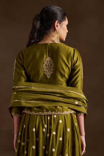 Shop_Almaari By Pooja Patel_Olive Green Chanderi Round Neck Oorvi Embroidered Kurta Sharara Set 