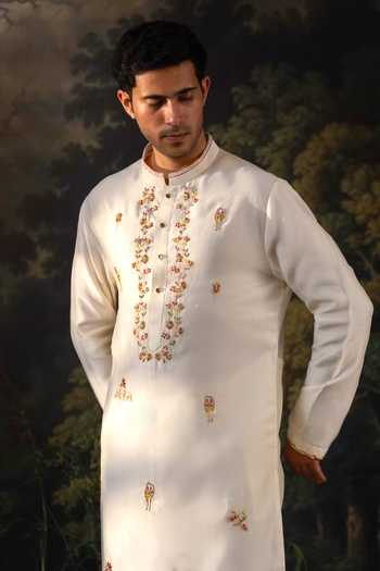 Shop Ayush Jain Ivory Silk, Cotton, Chanderi Asal Embroidered Kurta And Pant Set Online at Aza Fashions Shop_Ayush Jain_Ivory Silk, Cotton, Chanderi Asal Embroidered Kurta And Pant Set _Online_at_Aza_Fashions