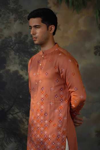 Ayush Jain Orange , Cotton, , Gulmohar Embroidered Kurta Set Online at Aza Fashions Ayush Jain_Orange , Cotton, , Gulmohar Embroidered Kurta Set _Online_at_Aza_Fashions