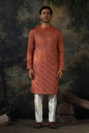 Shop Ayush Jain Orange , Cotton, , Gulmohar Embroidered Kurta Set Online at Aza Fashions Shop_Ayush Jain_Orange , Cotton, , Gulmohar Embroidered Kurta Set _Online_at_Aza_Fashions