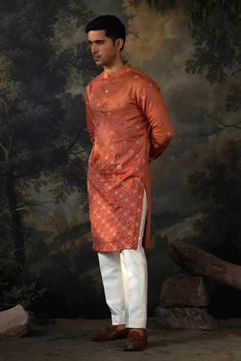 Shop Ayush Jain Orange , Cotton, , Gulmohar Embroidered Kurta Set Shop_Ayush Jain_Orange , Cotton, , Gulmohar Embroidered Kurta Set