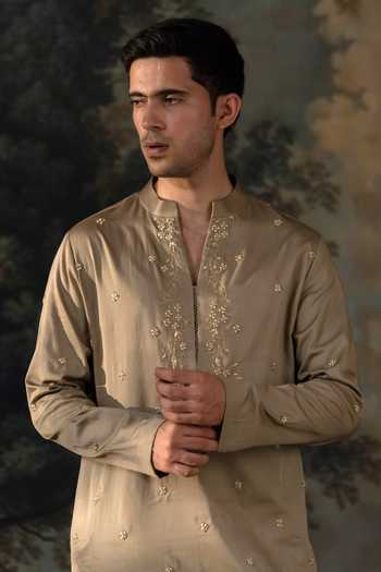 Ayush Jain Green Silk, Cotton Gardenia Embroidered Kurta Set Online at Aza Fashions Ayush Jain_Green Silk, Cotton Gardenia Embroidered Kurta Set _Online_at_Aza_Fashions