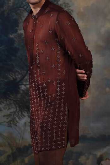 Shop_Ayush Jain_Brown Silk, Organza Raat Rani Embroidered Kurta And Pant Set _Online_at_Aza_Fashions
