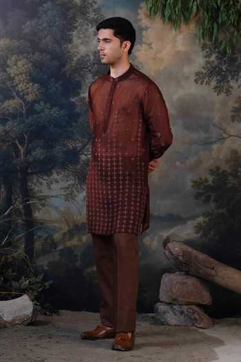 Ayush Jain_Brown Silk, Organza Raat Rani Embroidered Kurta And Pant Set _at_Aza_Fashions