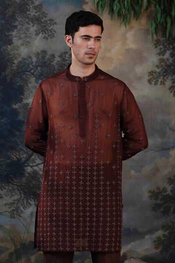 Buy_Ayush Jain_Brown Silk, Organza Raat Rani Embroidered Kurta And Pant Set 