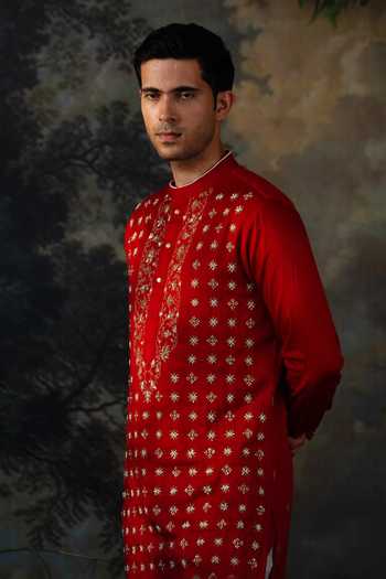 Shop Ayush Jain Red Silk, Cotton Laal Embroidered Kurta And Pant Set Online at Aza Fashions Shop_Ayush Jain_Red Silk, Cotton Laal Embroidered Kurta And Pant Set _Online_at_Aza_Fashions