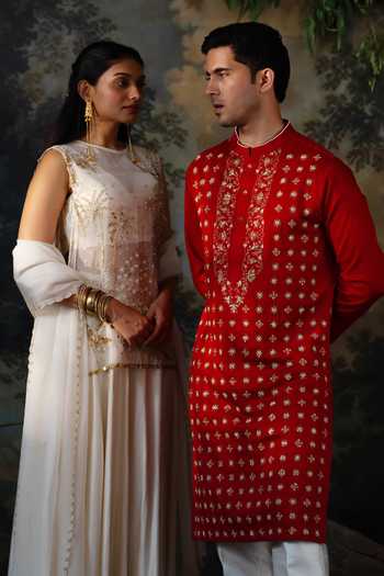 Ayush Jain Red Silk, Cotton Laal Embroidered Kurta And Pant Set at Aza Fashions Ayush Jain_Red Silk, Cotton Laal Embroidered Kurta And Pant Set _at_Aza_Fashions