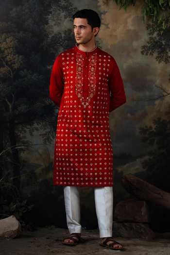 Buy Ayush Jain Red Silk, Cotton Laal Embroidered Kurta And Pant Set Buy_Ayush Jain_Red Silk, Cotton Laal Embroidered Kurta And Pant Set