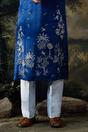 Buy_Ayush Jain_Blue , Satin Neel Gagan Embroidered Kurta And Pant Set _Online_at_Aza_Fashions
