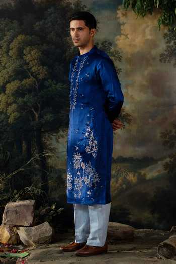 Shop_Ayush Jain_Blue , Satin Neel Gagan Embroidered Kurta And Pant Set _Online_at_Aza_Fashions