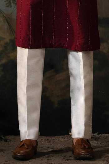 Ayush Jain_Wine Silk, Chanderi Wintage Embroidered Kurta And Pant Set _Online_at_Aza_Fashions