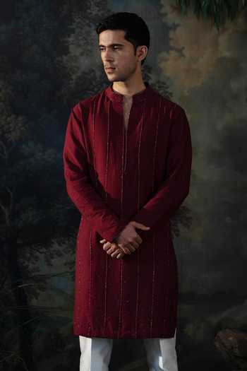 Buy_Ayush Jain_Wine Silk, Chanderi Wintage Embroidered Kurta And Pant Set _Online_at_Aza_Fashions