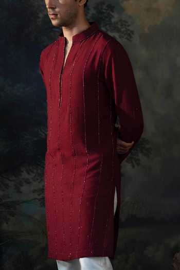 Shop_Ayush Jain_Wine Silk, Chanderi Wintage Embroidered Kurta And Pant Set _Online_at_Aza_Fashions