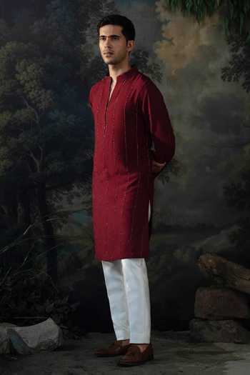 Shop_Ayush Jain_Wine Silk, Chanderi Wintage Embroidered Kurta And Pant Set 