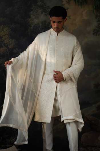Ayush Jain Ivory Silk, Cotton, Organza Nazm Embroidered Sherwani Set Online at Aza Fashions Ayush Jain_Ivory Silk, Cotton, Organza Nazm Embroidered Sherwani Set _Online_at_Aza_Fashions