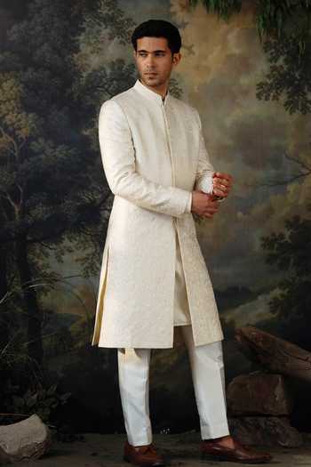 Ayush Jain Ivory Silk, Cotton, Organza Nazm Embroidered Sherwani Set at Aza Fashions Ayush Jain_Ivory Silk, Cotton, Organza Nazm Embroidered Sherwani Set _at_Aza_Fashions