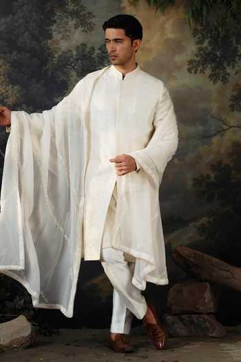 Shop Ayush Jain Ivory Silk, Cotton, Organza Nazm Embroidered Sherwani Set Shop_Ayush Jain_Ivory Silk, Cotton, Organza Nazm Embroidered Sherwani Set