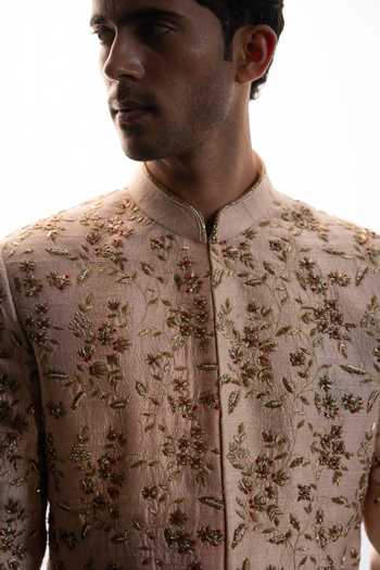 Shop Ayush Jain Pink Silk, Cotton, Organza Gulabi Embroidered Sherwani Set Online at Aza Fashions Shop_Ayush Jain_Pink Silk, Cotton, Organza Gulabi Embroidered Sherwani Set _Online_at_Aza_Fashions