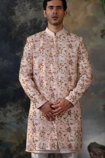Ayush Jain Pink Silk, Cotton, Organza Gulabi Embroidered Sherwani Set at Aza Fashions Ayush Jain_Pink Silk, Cotton, Organza Gulabi Embroidered Sherwani Set _at_Aza_Fashions