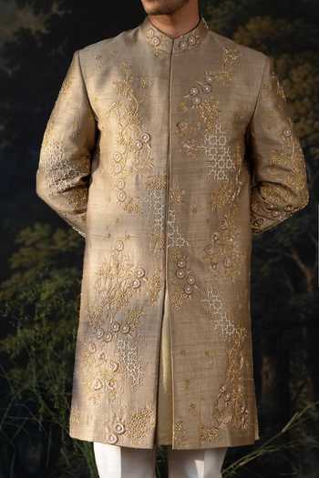 Shop Ayush Jain Olive Green Silk, Cotton, Organza Sabz Embroidered Sherwani Set Online at Aza Fashions Shop_Ayush Jain_Olive Green Silk, Cotton, Organza Sabz Embroidered Sherwani Set _Online_at_Aza_Fashions