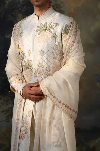 Shop Ayush Jain Ivory Silk, Organza, Cotton Van Bagh Embroidered Sherwani Set Online at Aza Fashions Shop_Ayush Jain_Ivory Silk, Organza, Cotton Van Bagh Embroidered Sherwani Set _Online_at_Aza_Fashions