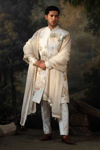 Ayush Jain Ivory Silk, Organza, Cotton Van Bagh Embroidered Sherwani Set at Aza Fashions Ayush Jain_Ivory Silk, Organza, Cotton Van Bagh Embroidered Sherwani Set _at_Aza_Fashions