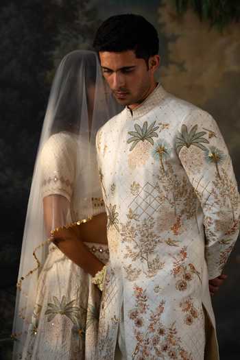 Shop Ayush Jain Ivory Silk, Organza, Cotton Van Bagh Embroidered Sherwani Set Shop_Ayush Jain_Ivory Silk, Organza, Cotton Van Bagh Embroidered Sherwani Set