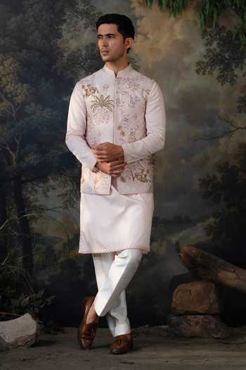Shop Ayush Jain Pink Silk, Cotton Gul Vatika Embroidered Nehru Jacket Set Online at Aza Fashions Shop_Ayush Jain_Pink Silk, Cotton Gul Vatika Embroidered Nehru Jacket Set _Online_at_Aza_Fashions