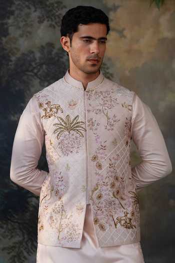 Ayush Jain Pink Silk, Cotton Gul Vatika Embroidered Nehru Jacket Set at Aza Fashions Ayush Jain_Pink Silk, Cotton Gul Vatika Embroidered Nehru Jacket Set _at_Aza_Fashions