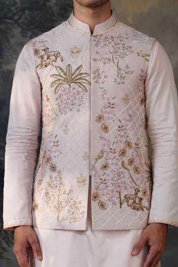 Buy Ayush Jain Pink Silk, Cotton Gul Vatika Embroidered Nehru Jacket Set Buy_Ayush Jain_Pink Silk, Cotton Gul Vatika Embroidered Nehru Jacket Set