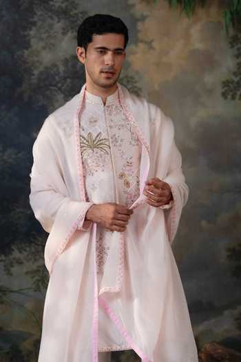 Buy_Ayush Jain_Pink Silk, Cotton, Organza Gul Vatika Embroidered Nehru Jacket Set _Online_at_Aza_Fashions