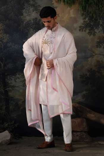 Ayush Jain_Pink Silk, Cotton, Organza Gul Vatika Embroidered Nehru Jacket Set _at_Aza_Fashions