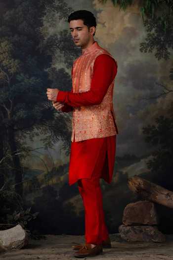 Buy_Ayush Jain_Orange Silk, Cotton Surya Hand Embroidered Nehru Jacket And Kurta Set _Online_at_Aza_Fashions