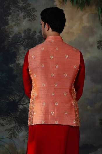 Ayush Jain_Orange Silk, Cotton Surya Hand Embroidered Nehru Jacket And Kurta Set _at_Aza_Fashions