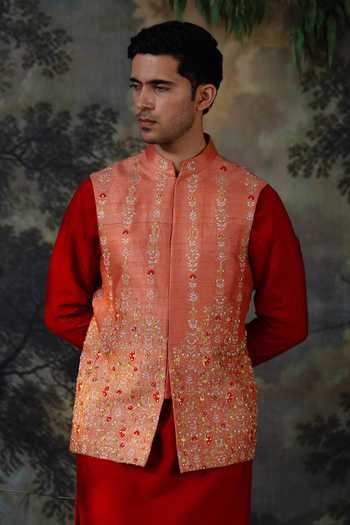 Buy_Ayush Jain_Orange Silk, Cotton Surya Hand Embroidered Nehru Jacket And Kurta Set 