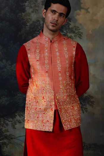 Shop_Ayush Jain_Orange Silk, Cotton Surya Hand Embroidered Nehru Jacket And Kurta Set 