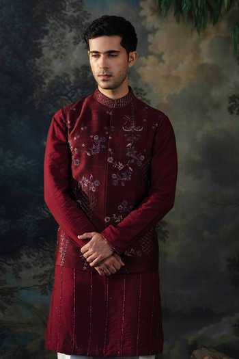Shop Ayush Jain Wine Silk, Cotton, Chanderi Embroidery, Beads Shabaan Bundi And Kurta Set Online at Aza Fashions Shop_Ayush Jain_Wine Silk, Cotton, Chanderi Embroidery, Beads Shabaan Bundi And Kurta Set _Online_at_Aza_Fashions