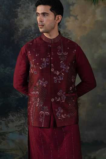 Ayush Jain Wine Silk, Cotton, Chanderi Embroidery, Beads Shabaan Bundi And Kurta Set at Aza Fashions Ayush Jain_Wine Silk, Cotton, Chanderi Embroidery, Beads Shabaan Bundi And Kurta Set _at_Aza_Fashions