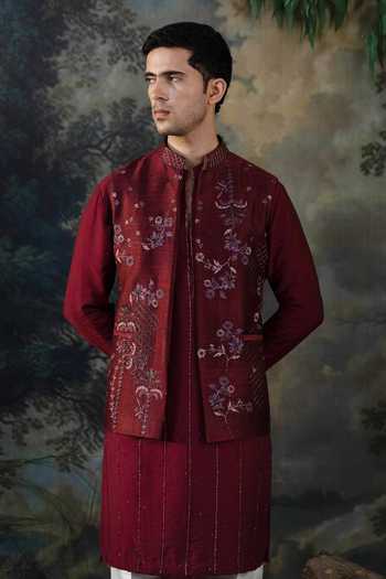 Buy Ayush Jain Wine Silk, Cotton, Chanderi Shabaan Embroidered Bundi And Kurta Set Online at Aza Fashions Buy_Ayush Jain_Wine Silk, Cotton, Chanderi Shabaan Embroidered Bundi And Kurta Set _Online_at_Aza_Fashions